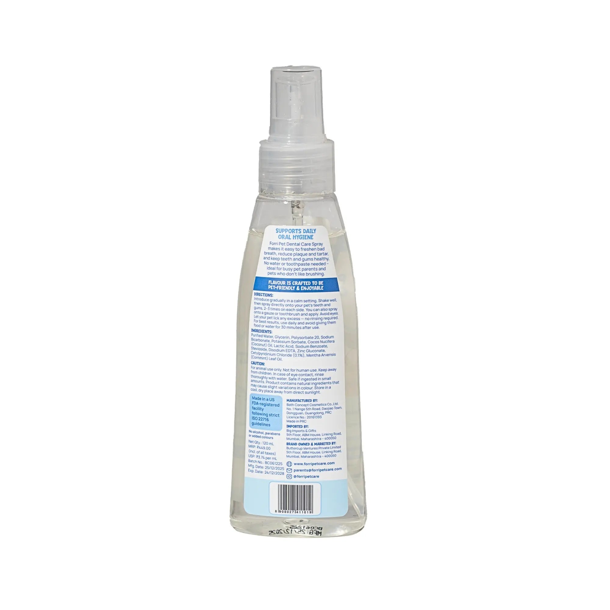 Back side of Forri Pet Dental Care Spray bottle on white background.
