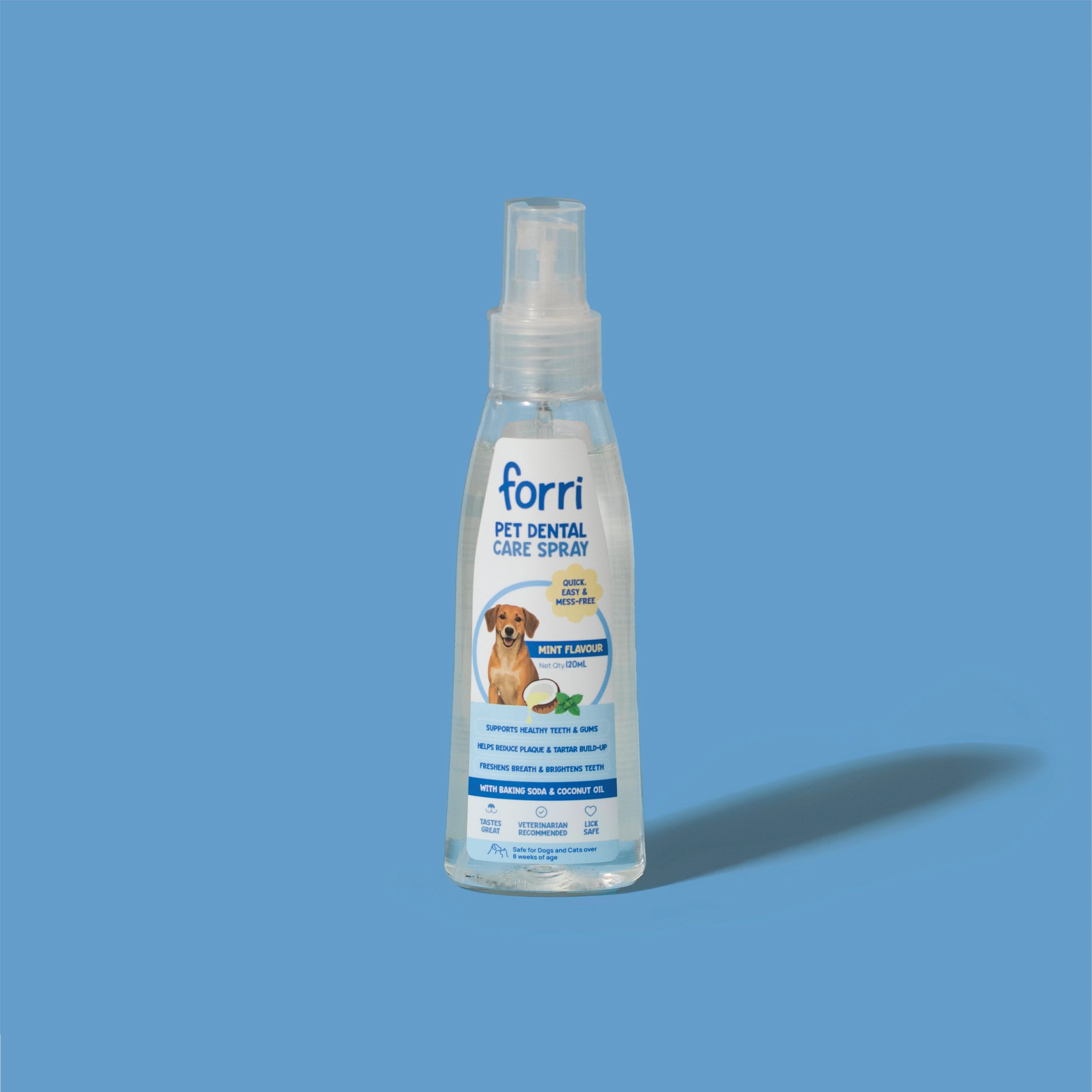 Bottle of mint-flavoured Forri Pet Dental Care Spray for dogs and cats on blue background.