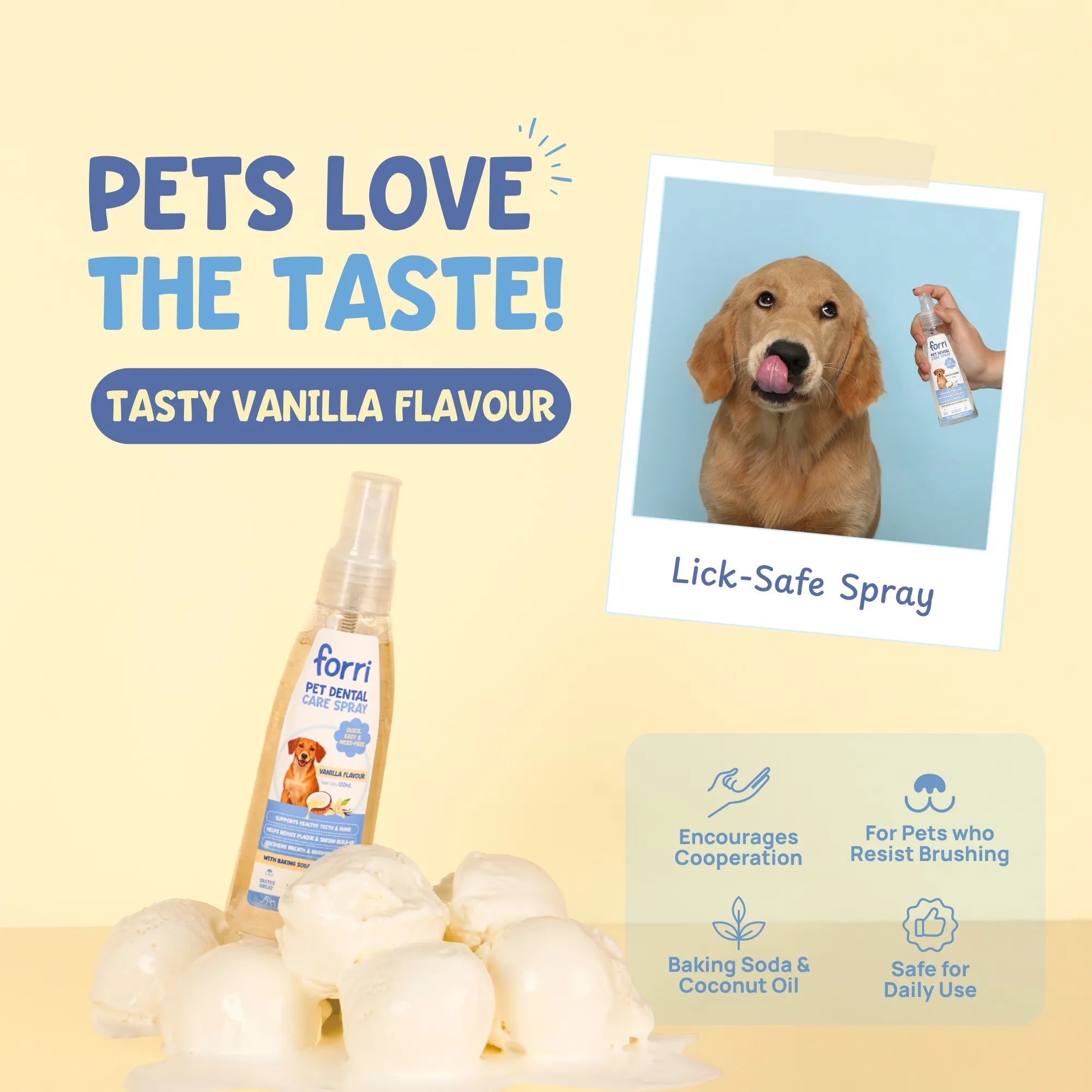 Tasty vanilla-flavoured dental spray for Golden Retrievers and dogs who resist brushing; includes baking soda and coconut oil.