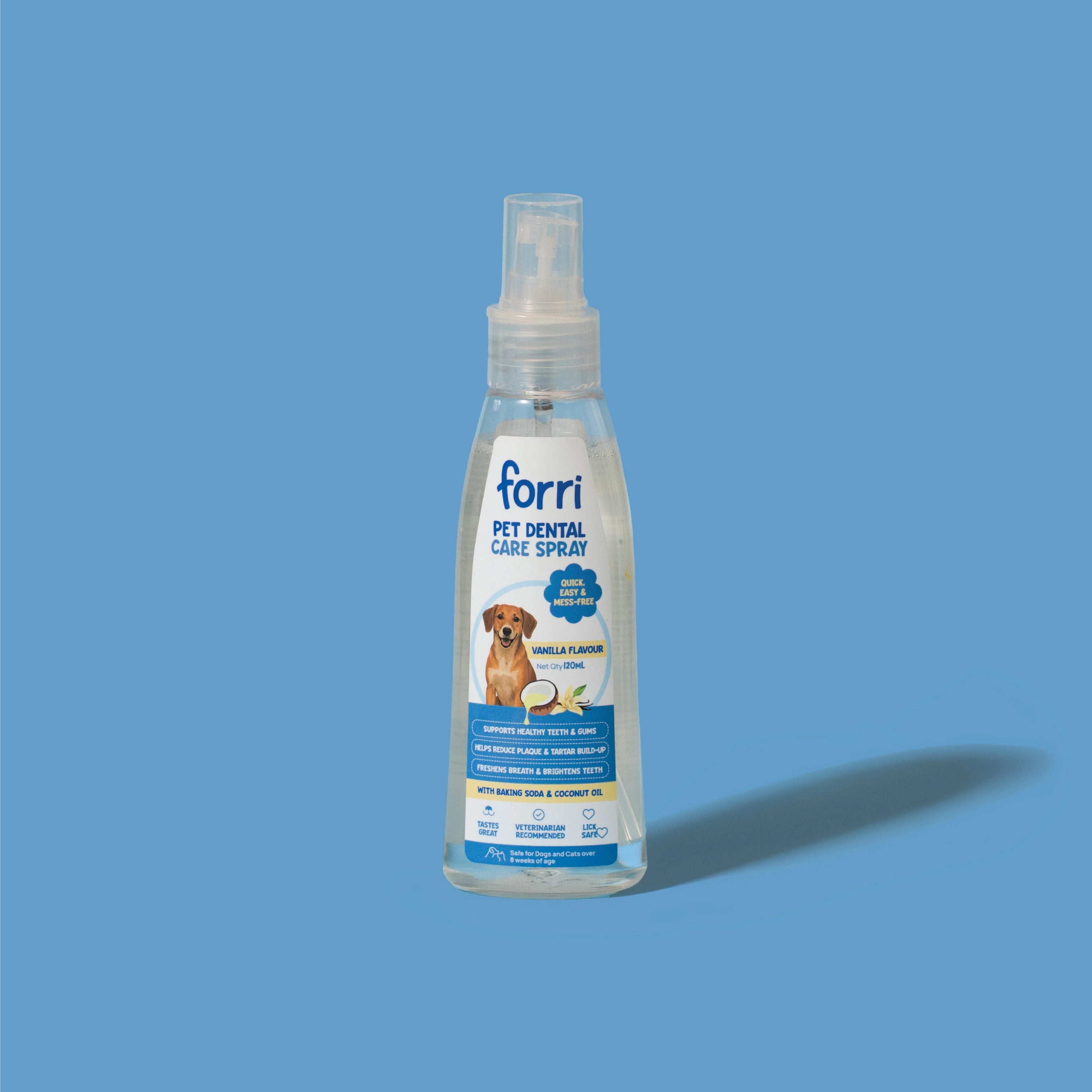 Bottle of vanilla-flavoured Forri Pet Dental Care Spray for dogs and cats on blue background.