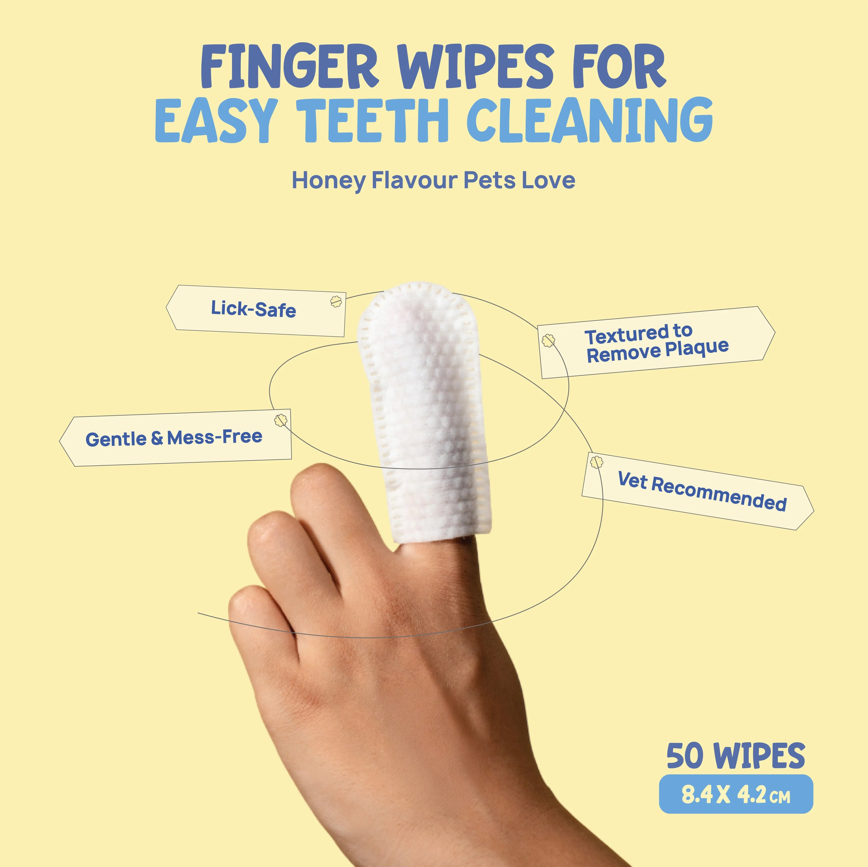 Hand with finger in a lick-safe, textured dental finger wipe for easy teeth cleaning to remove plaque.