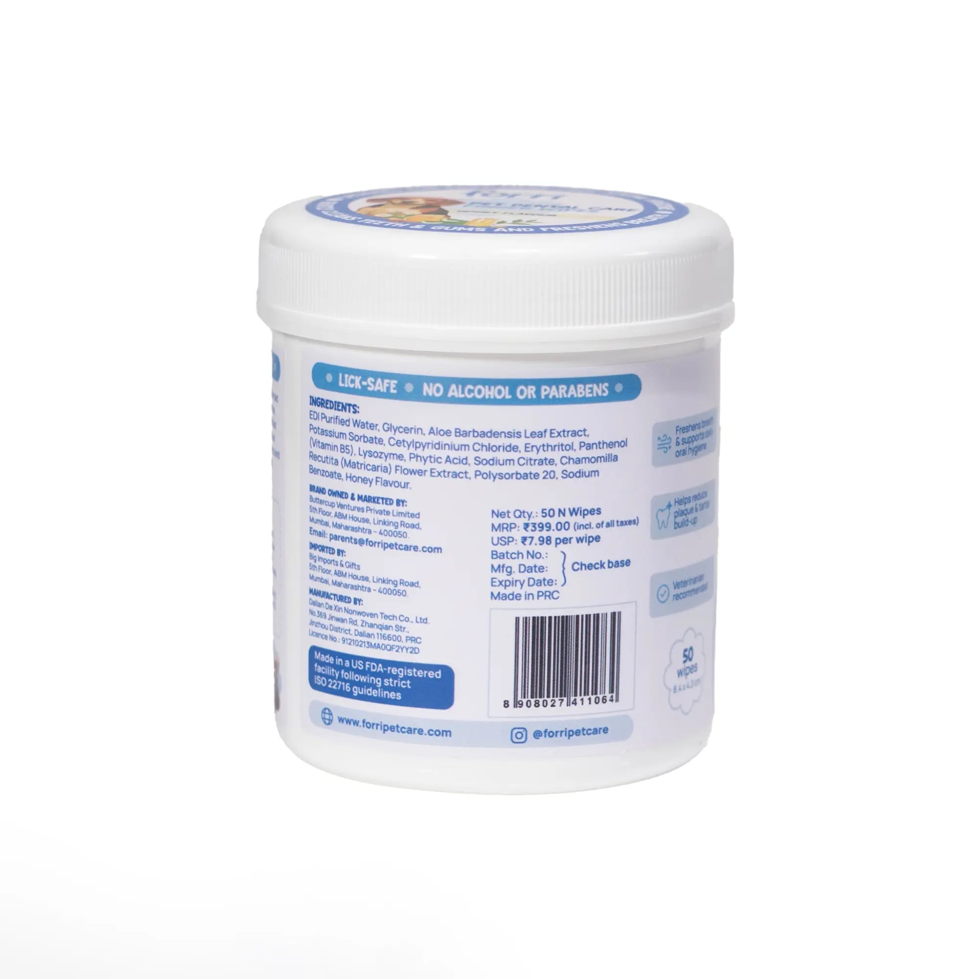 Back side of Forri Pet Dental Care Wipes packaging on white background.