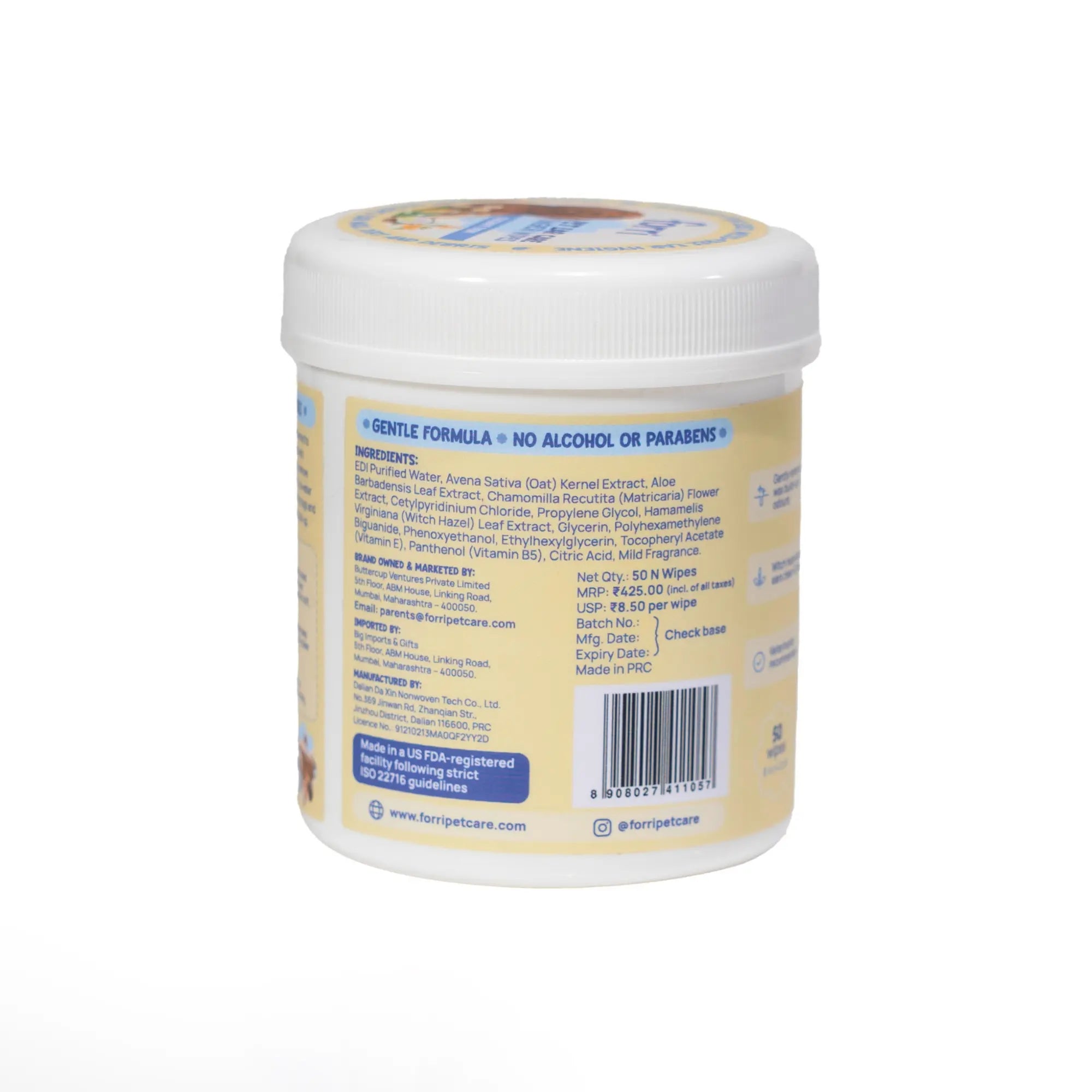 Back side of Forri Pet Ear Care Wipes packaging on white background.