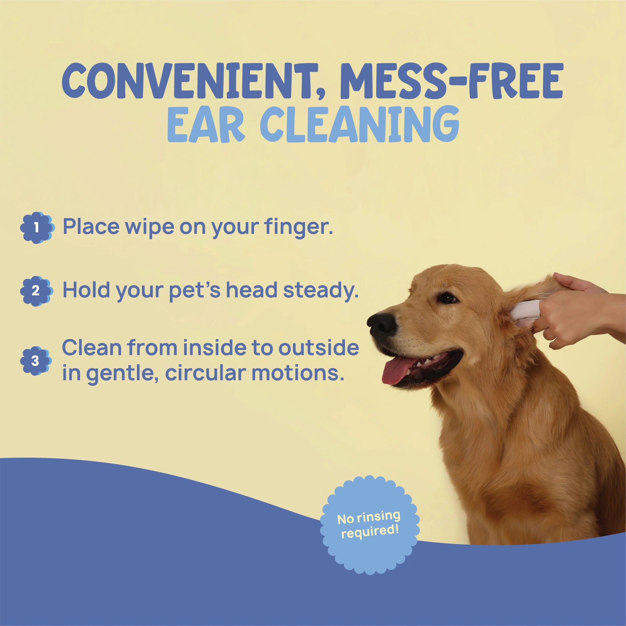 Step-by-step guide to cleaning dog ears with Forri finger wipes; no-rinse formula for mess-free ear maintenance.