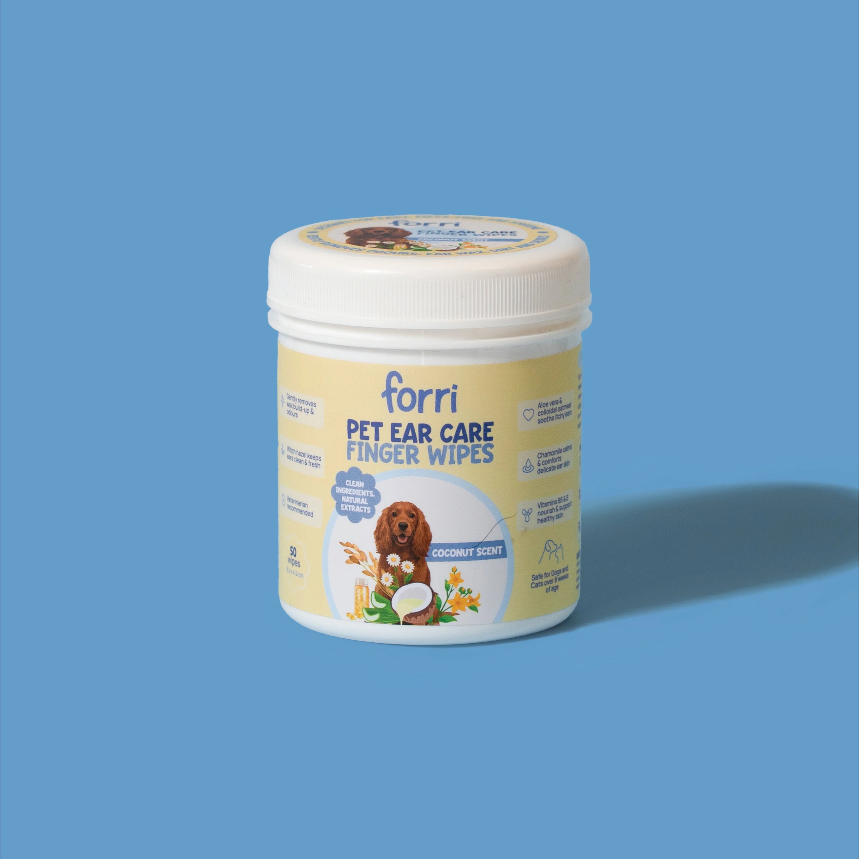 Canister of Forri Pet Ear Care Finger Wipes on a blue background. 50-pack of veterinarian-recommended finger wipes for ear hygiene.