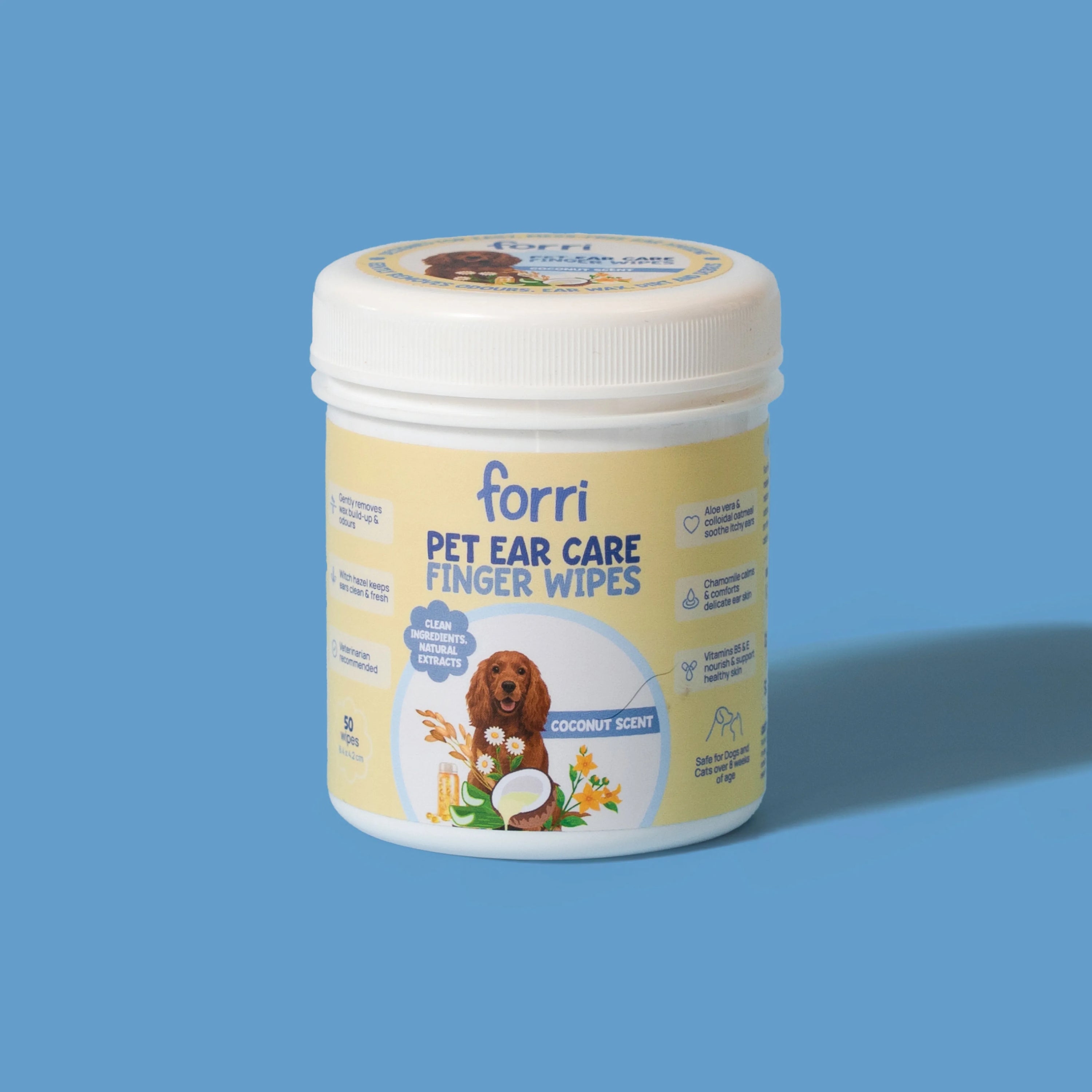 Canister of Forri Pet Ear Care Finger Wipes on a blue background. 50-pack of veterinarian-recommended finger wipes for ear hygiene.