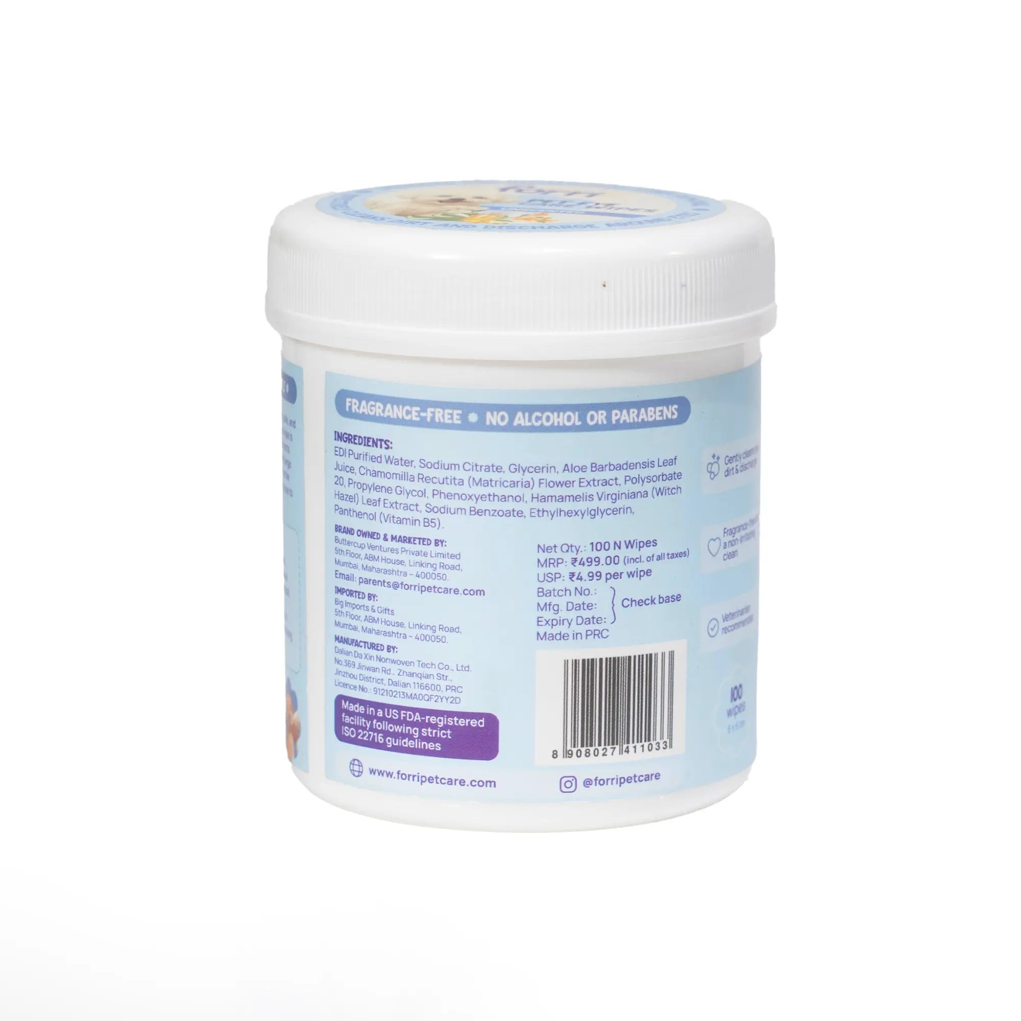 Back side of Forri Pet Eye Care Wipes packaging on white background.