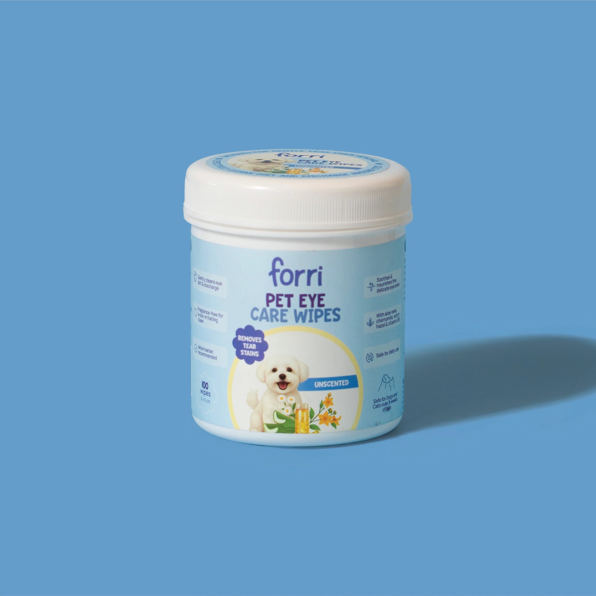 Canister of forri Pet Eye Care Wipes for dogs and cats on a blue background.