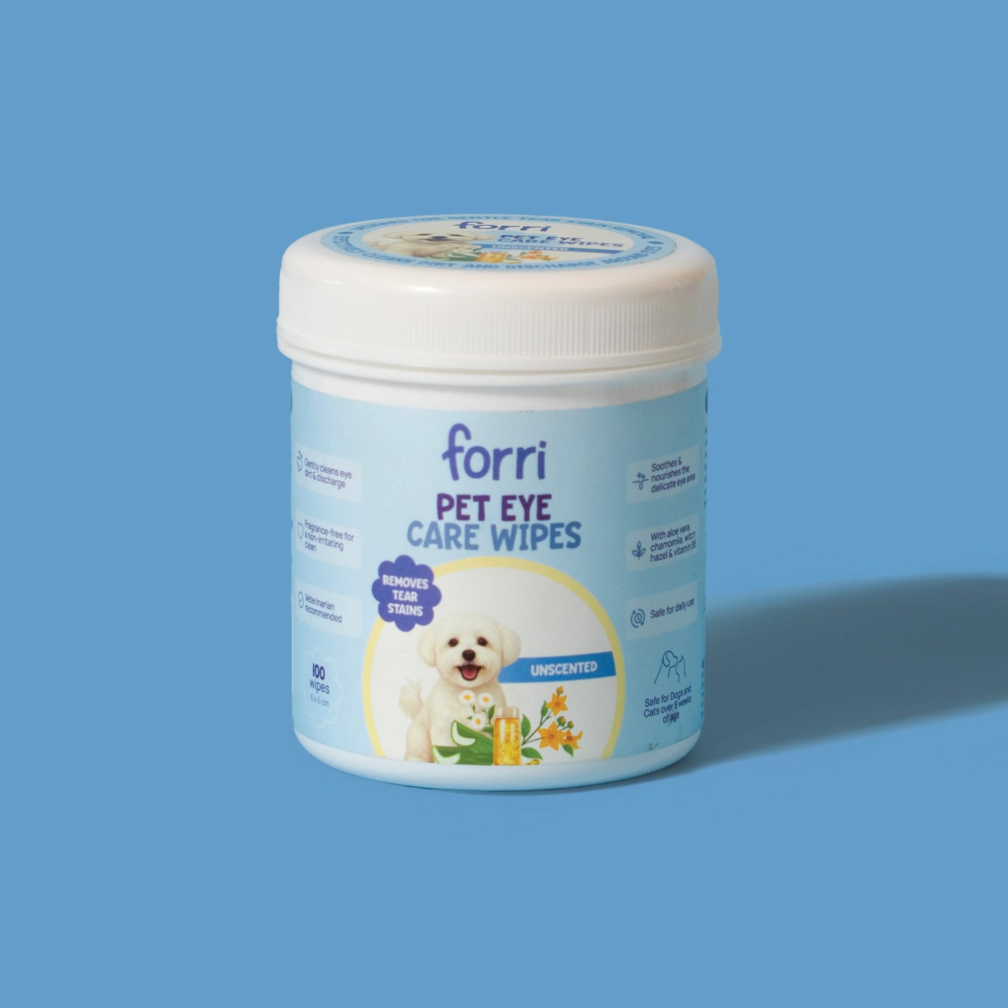 Canister of forri Pet Eye Care Wipes for dogs and cats on a blue background.