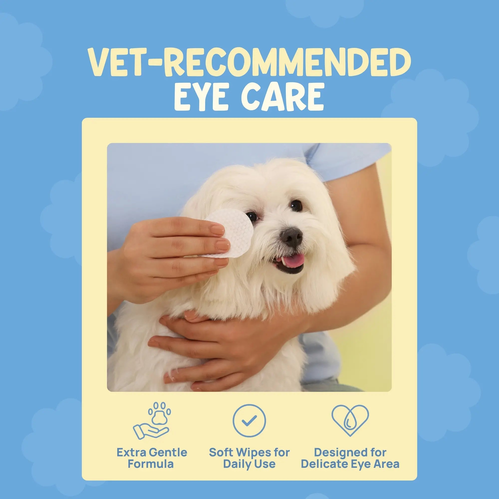 Veterinarian recommended eye care wipes for Maltese and sensitive breeds, designed for daily use on the delicate eye area.