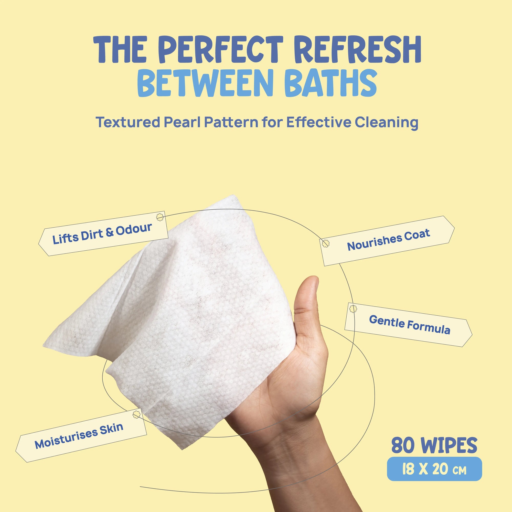 Hand holding a white wipe with text on a yellow background. Textured pearl pattern grooming wipes to lift dirt and odour .