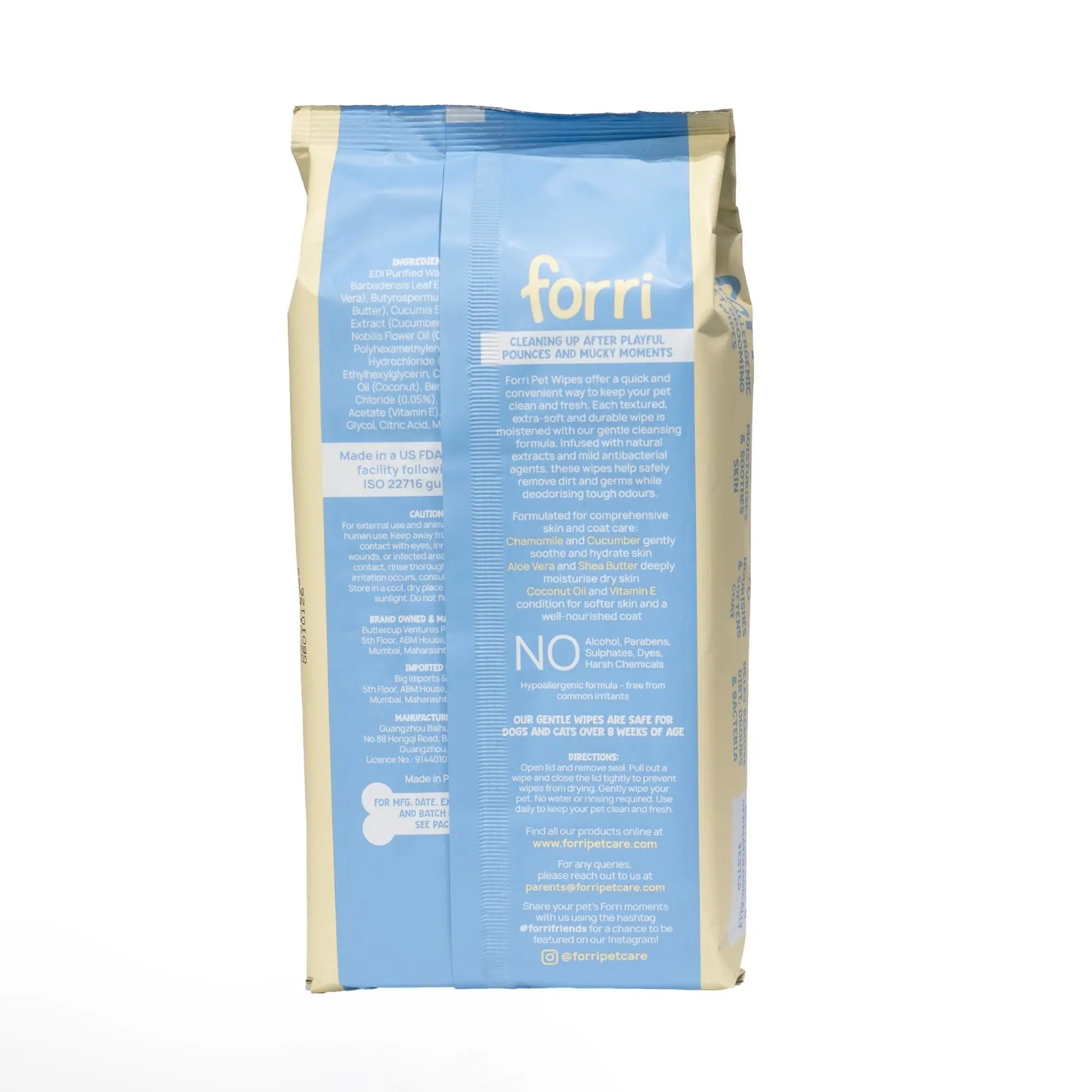 Forri pet grooming wipes packaging back side on a white background.