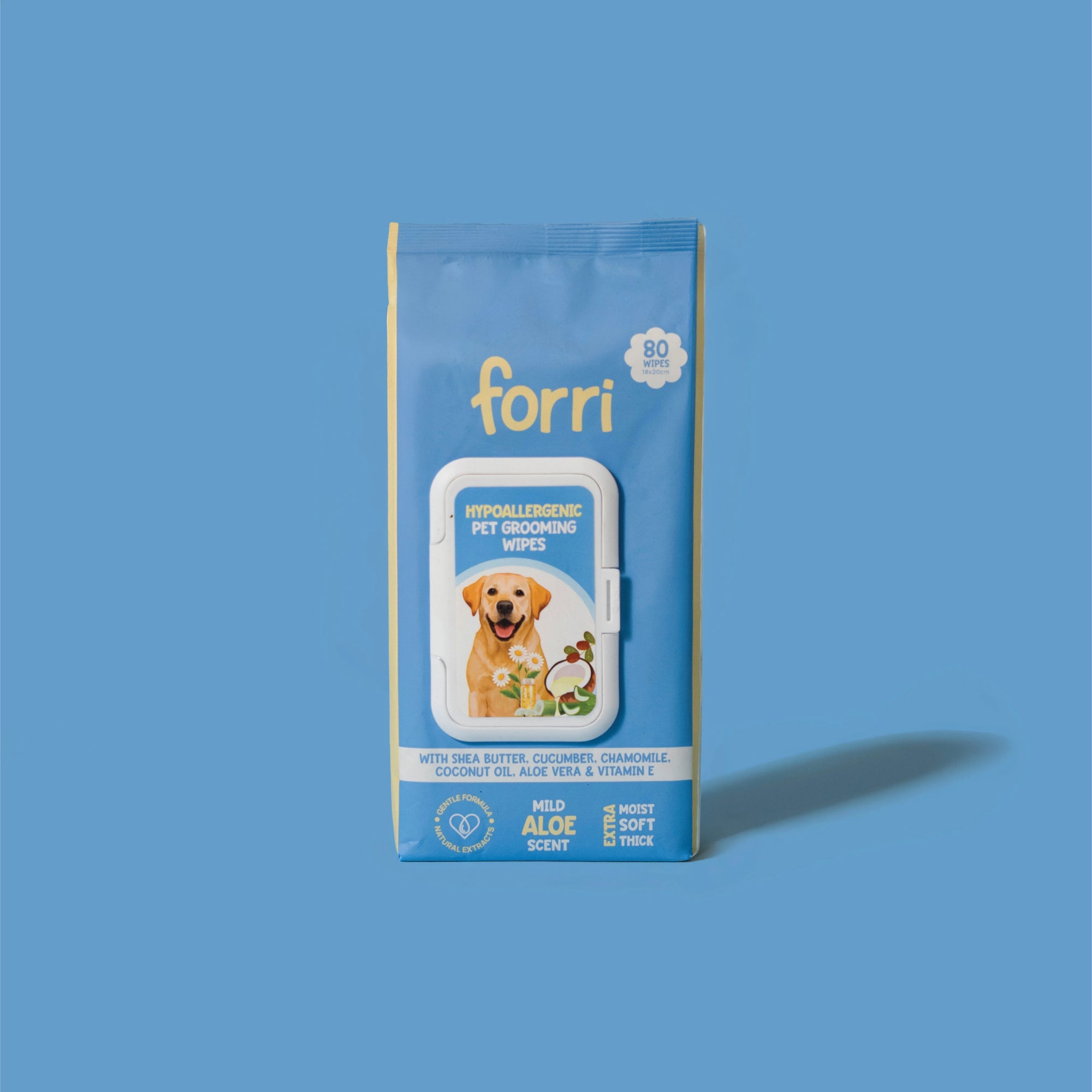 Forri Pet Grooming Wipes for dogs and cats on a blue background, 80-pack of large, durable wipes for full-body cleaning.