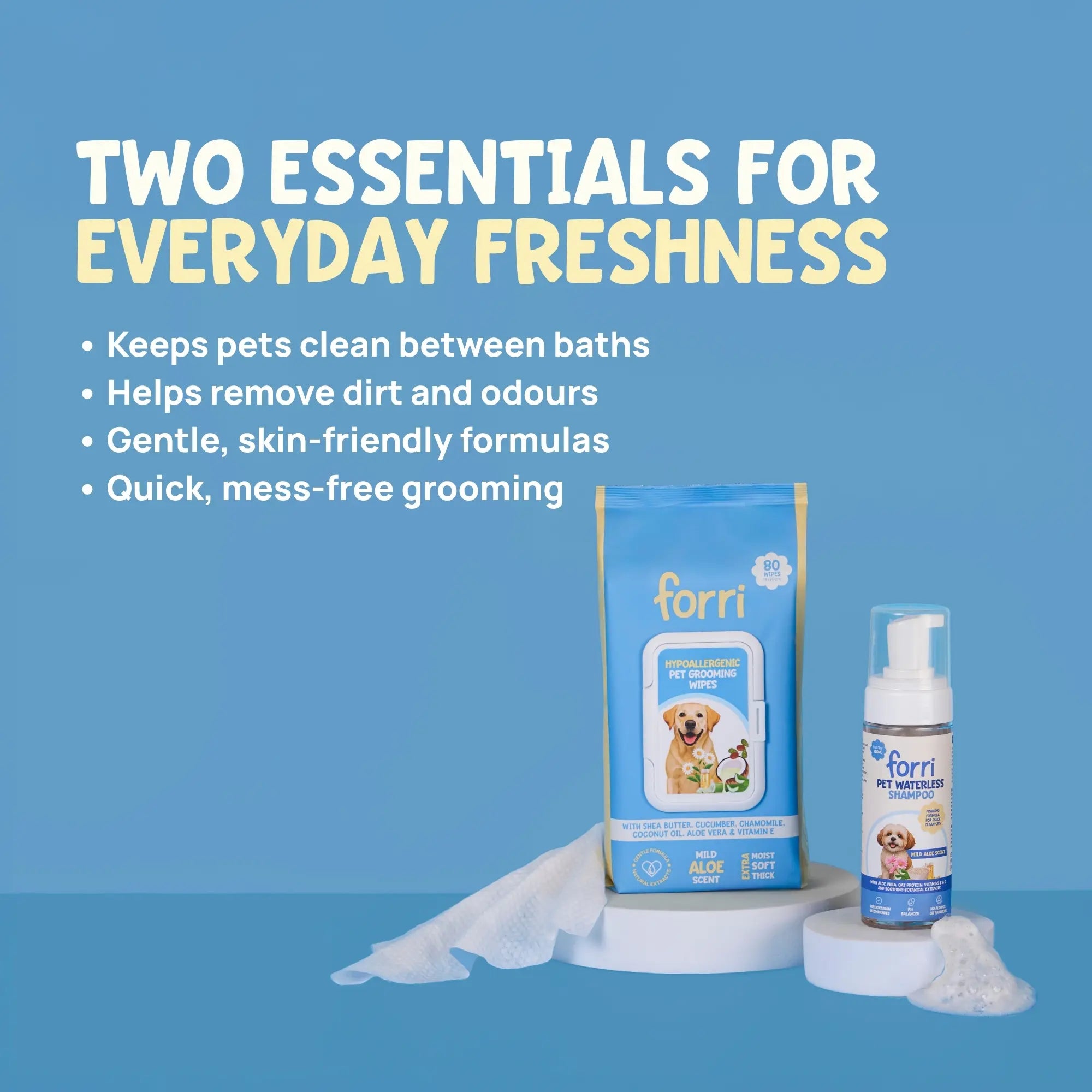 Forri grooming essentials for everyday freshness, helping to remove dirt and odours between full pet baths.