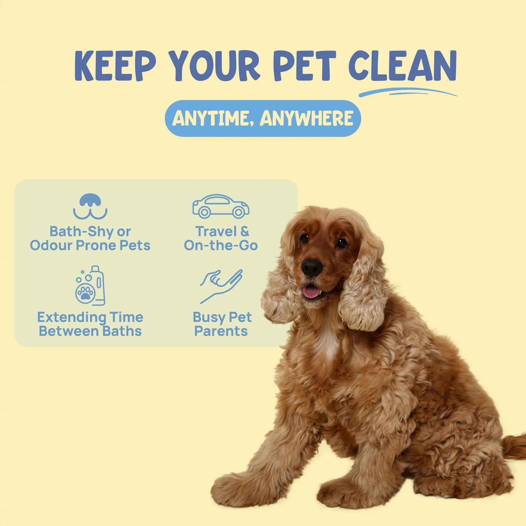 Travel-friendly pet grooming kit, ideal for bath-shy dogs, busy pet parents, and quick clean-ups on the go.