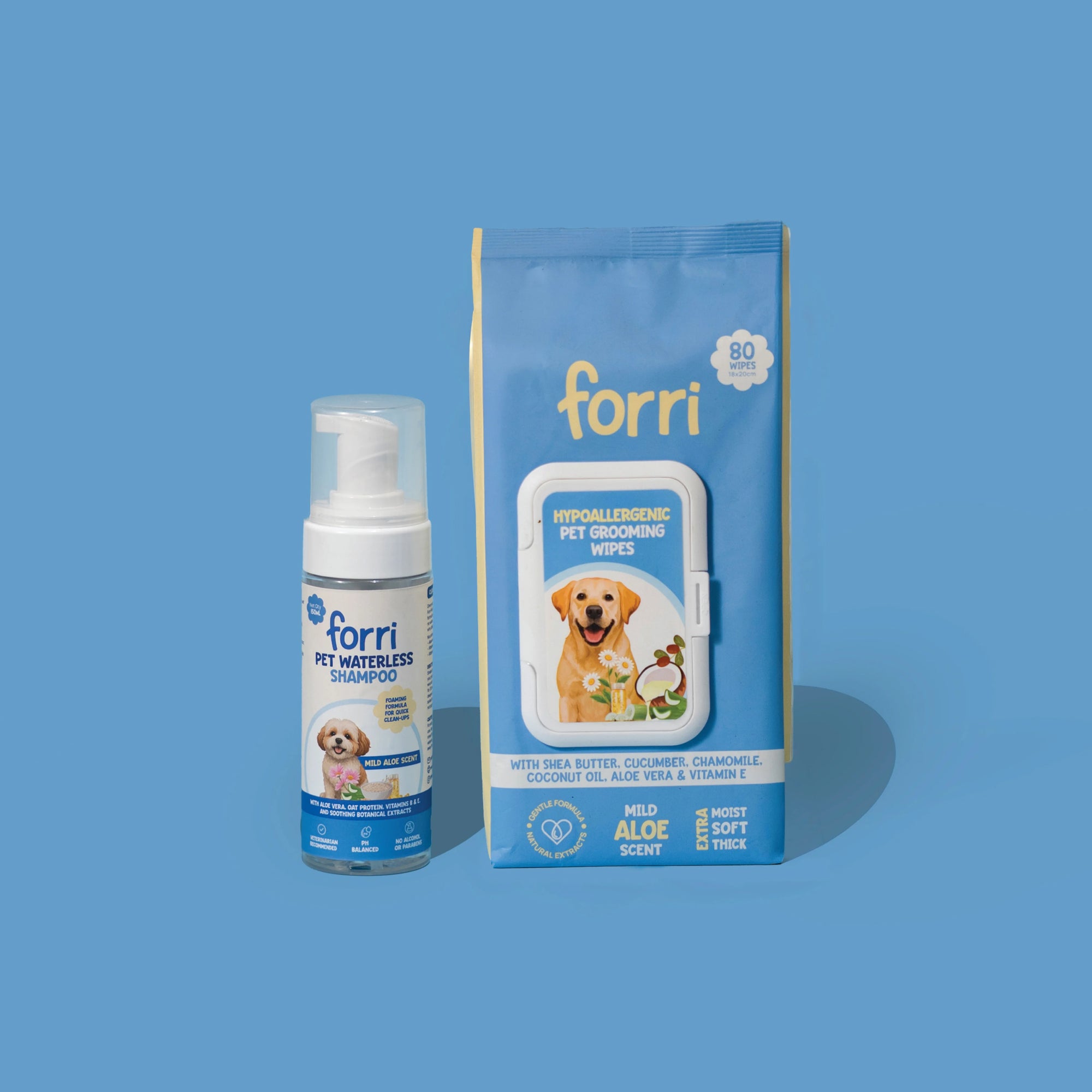 Forri waterless duo including waterless shampoo and grooming wipes on a blue background