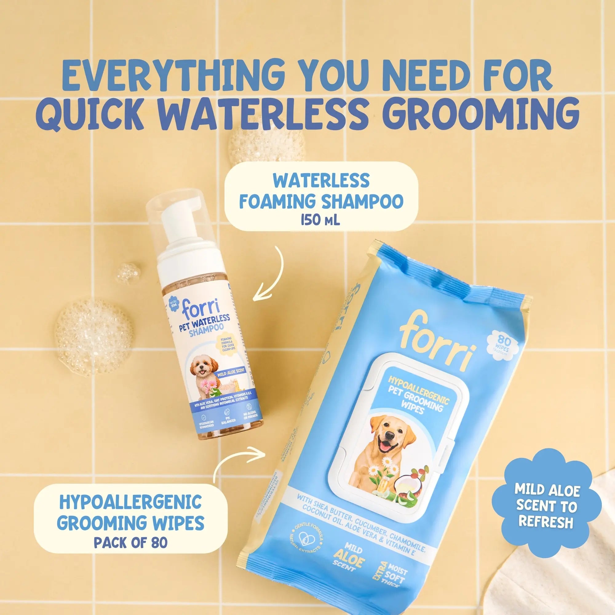 Pet grooming kit with waterless foaming shampoo and aloe-scented grooming wipes on a yellow tile background.