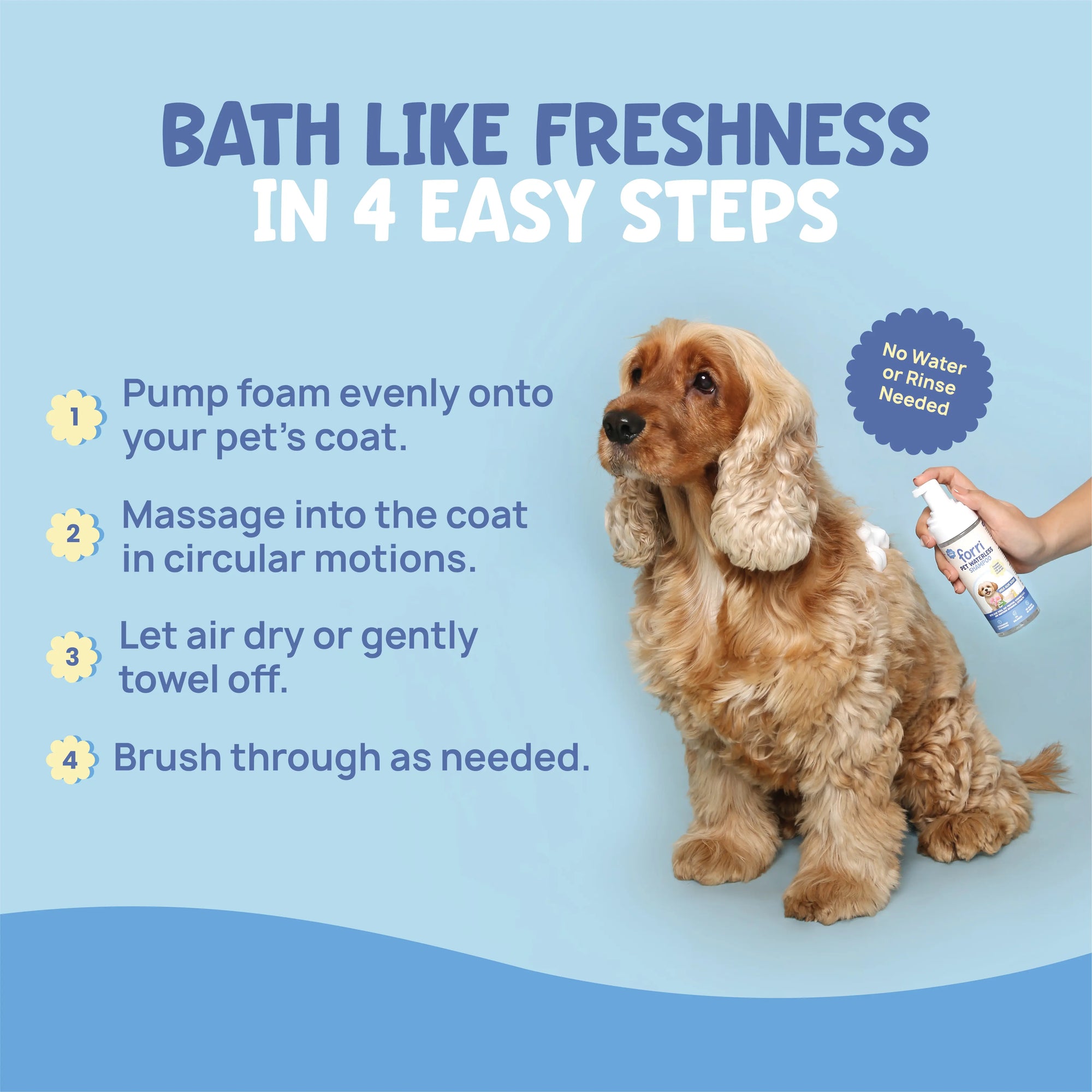How to use waterless pet shampoo: 4-step guide to massaging foam into dog fur for a fresh, clean coat without water.
