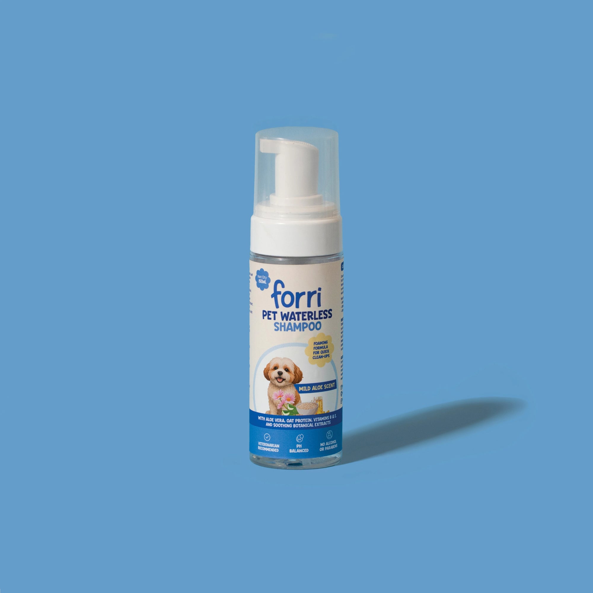 Forri Pet Waterless Shampoo 150ml bottle  for dogs and cats on a blue background.