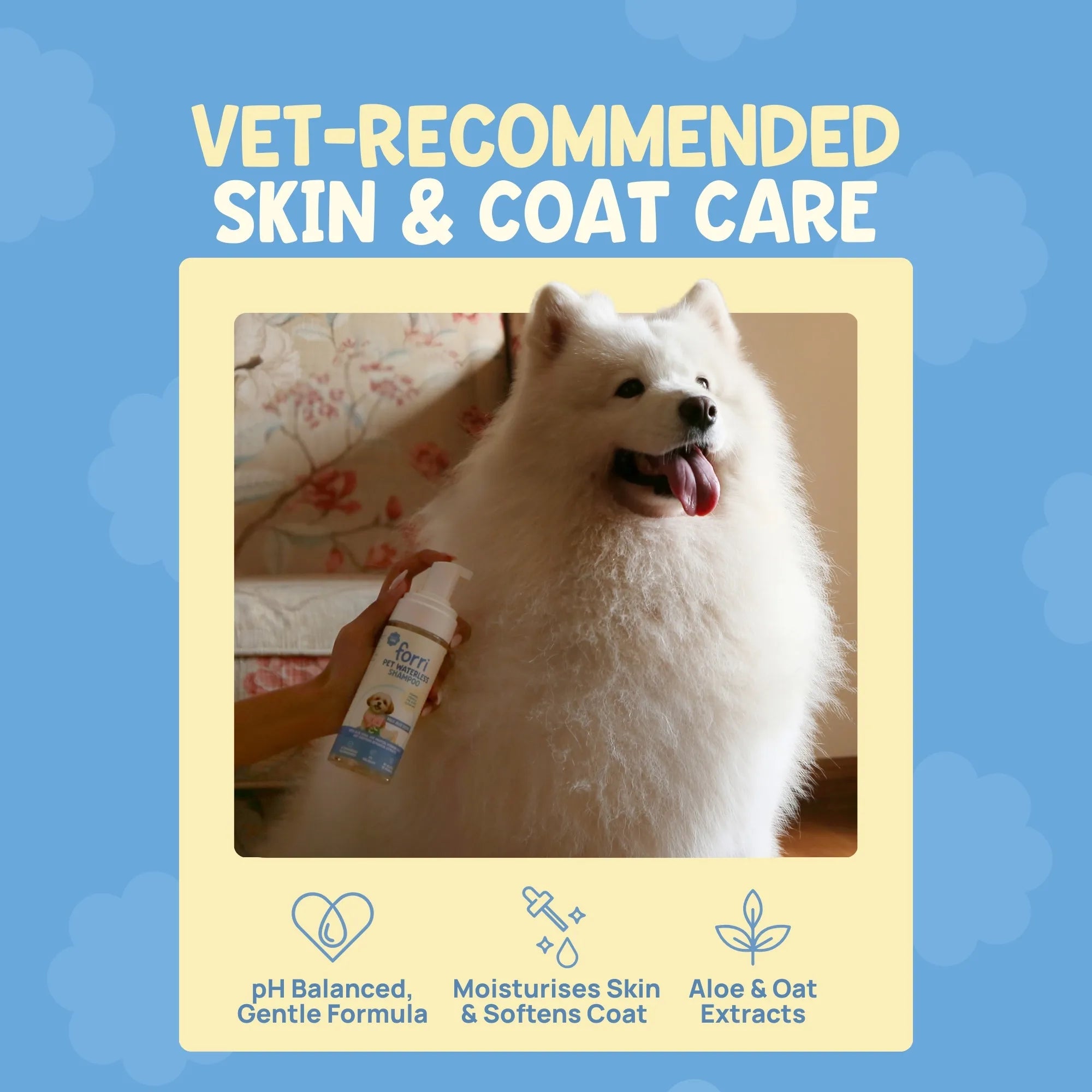 Forri waterless grooming foam for Samoyeds and thick-coated breeds, pH-balanced and vet-recommended formula to soften and hydrate fur.